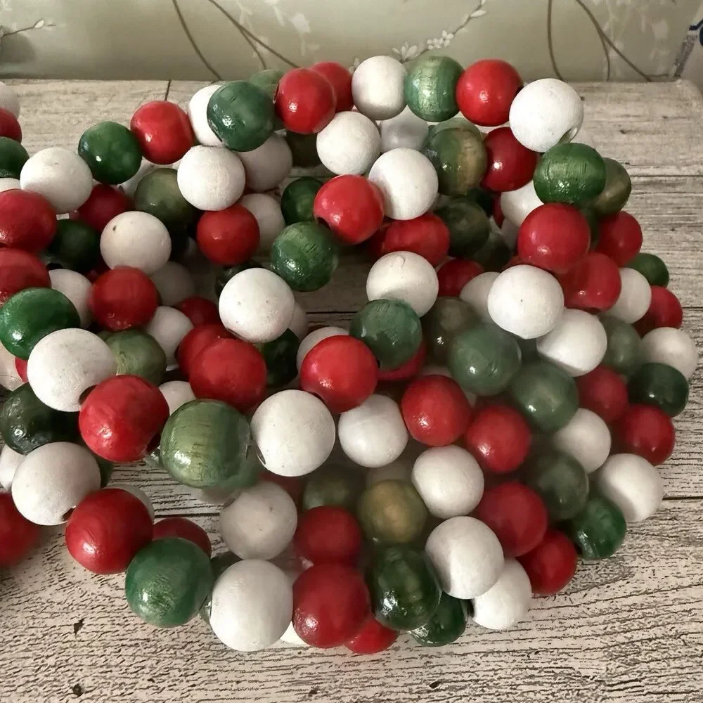 Vintage 9 ft WOODEN BEAD Christmas Tree Garland Strands Red Green White LOT OF 2